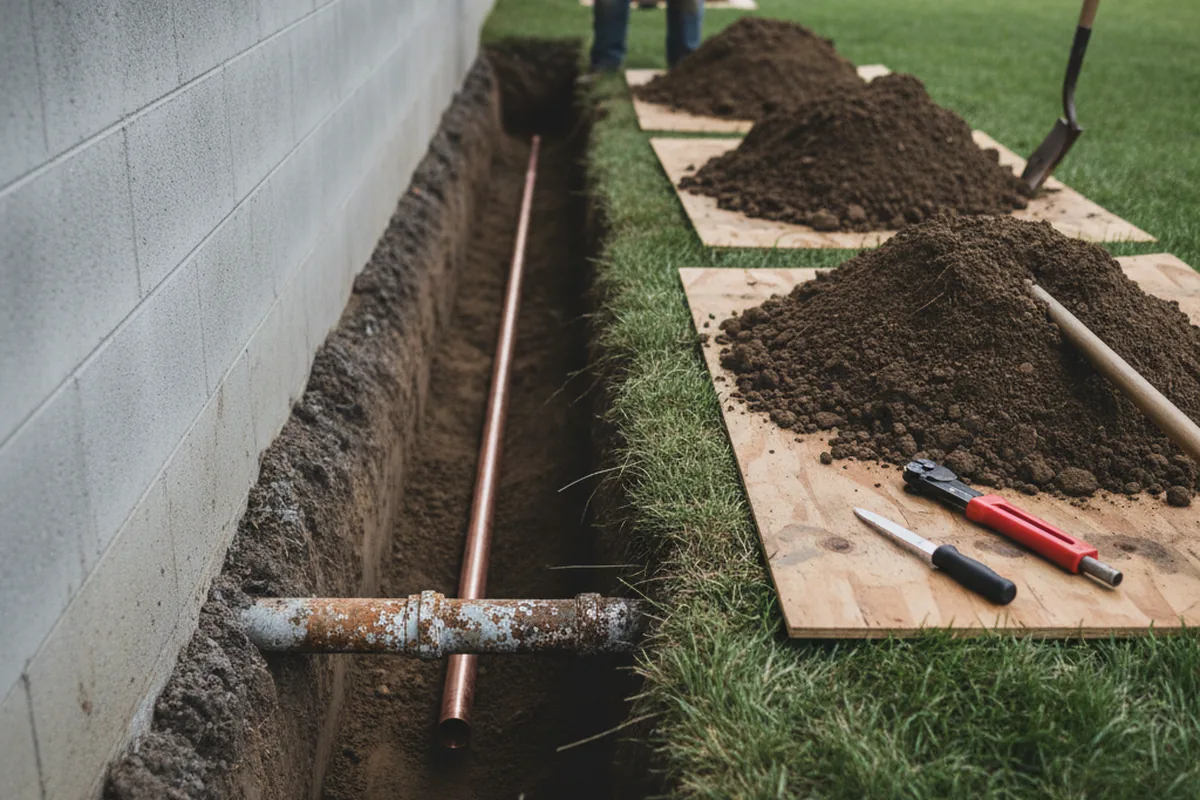 Excavated water line trench during Sewer Line Repair in Charlottesville